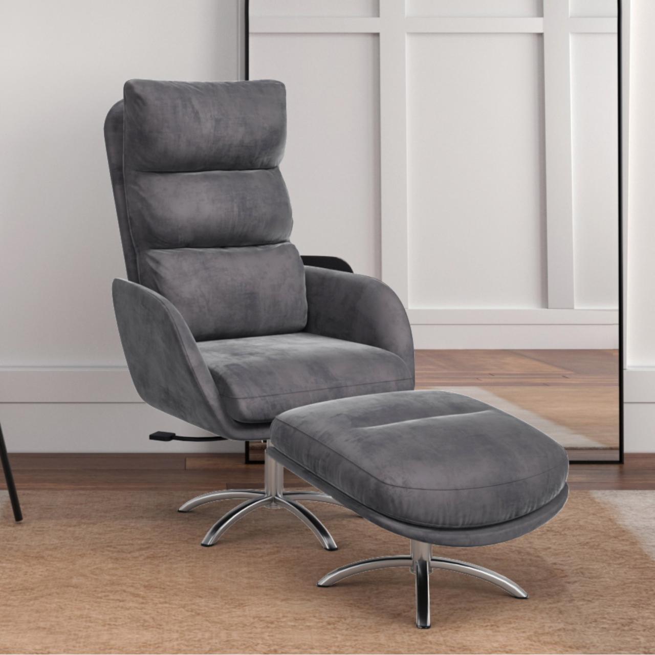 Grey Velvet Swivel Lounge Chair with Footstool - Tyra - Furniture123