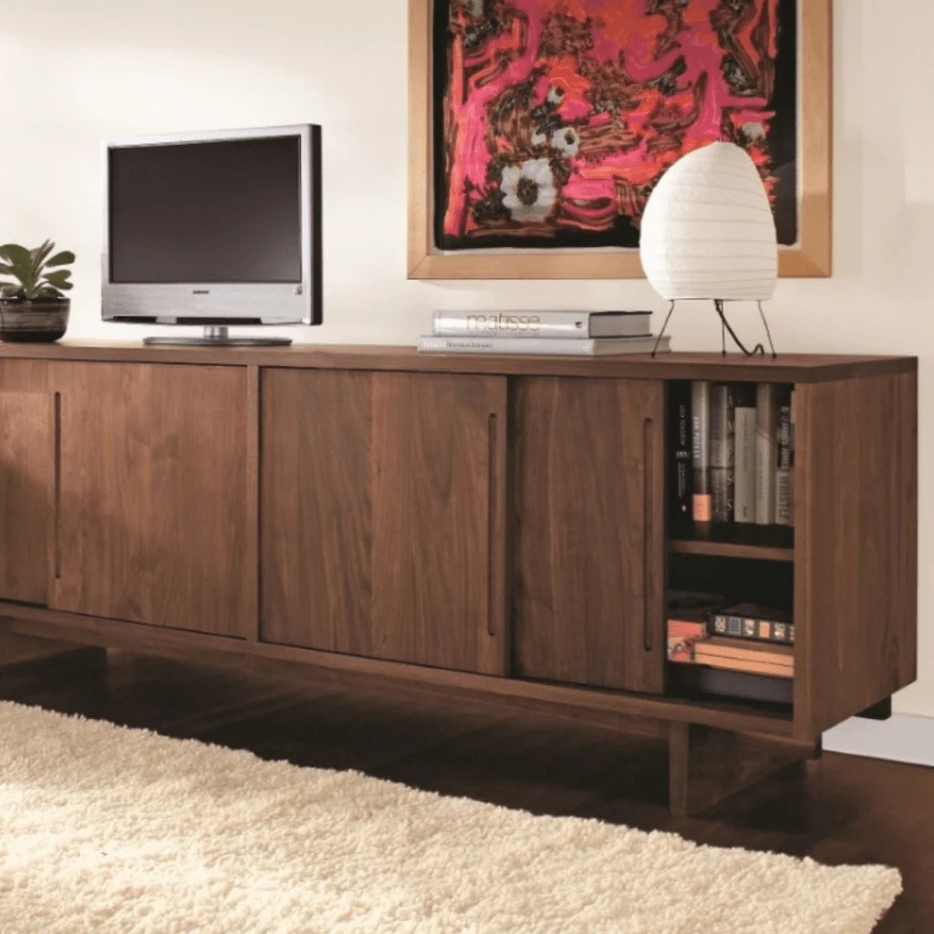 Coen Sliding Media Console (Fabric Doors) | Vermont Furniture Designs ... Adjustable media console furniture with sliding doors
